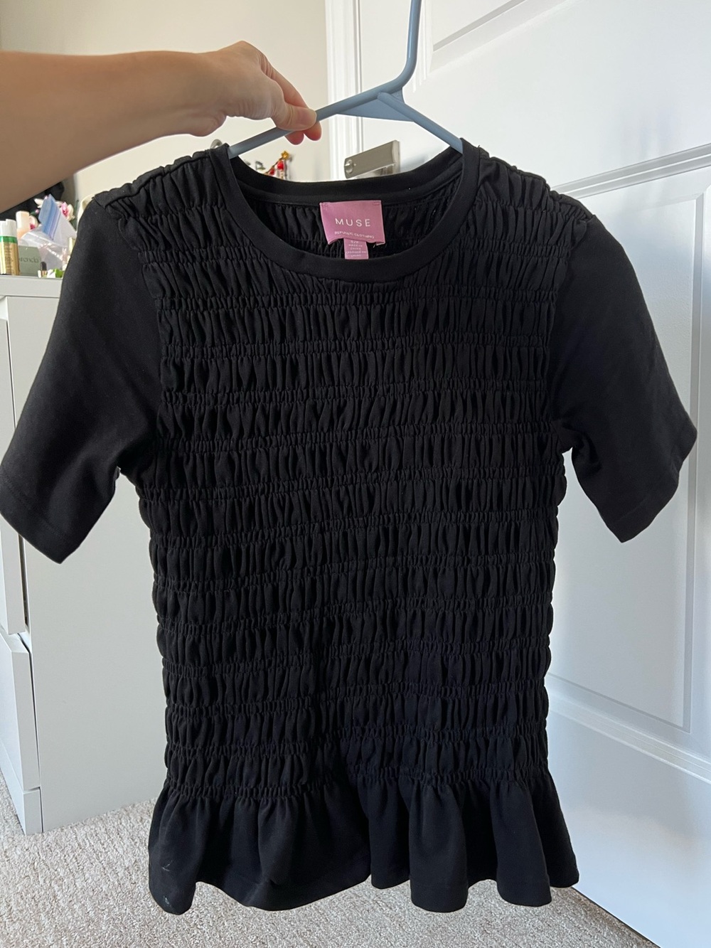 100% cotton Black smocked t shirt top with peplum bottom size S